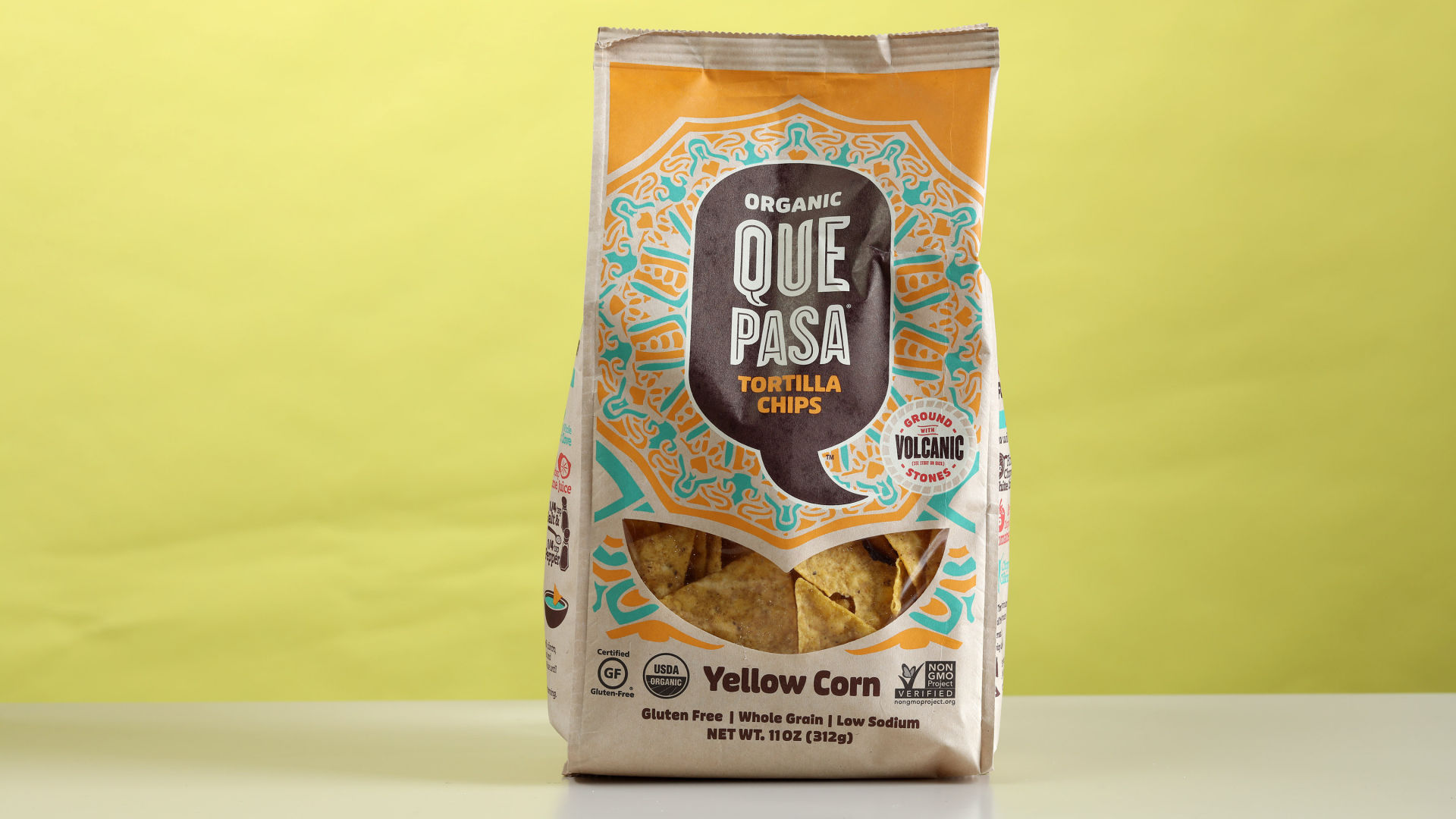 15: Organic Que Pasa Tortilla Chips Yellow Corn Ground with Volcanic Stones